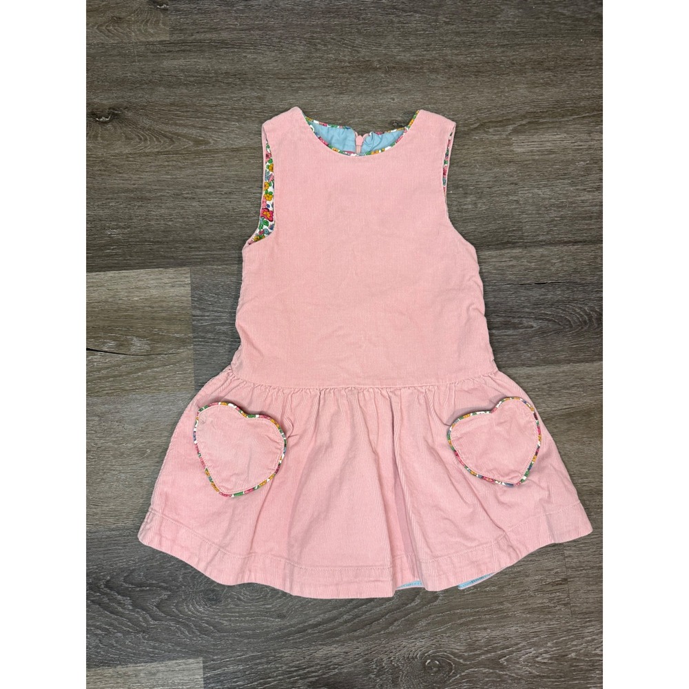 Mini Boden Girls Pink Corduroy Heart Pocket Jumper Dress Floral Trim Size 4T-5T